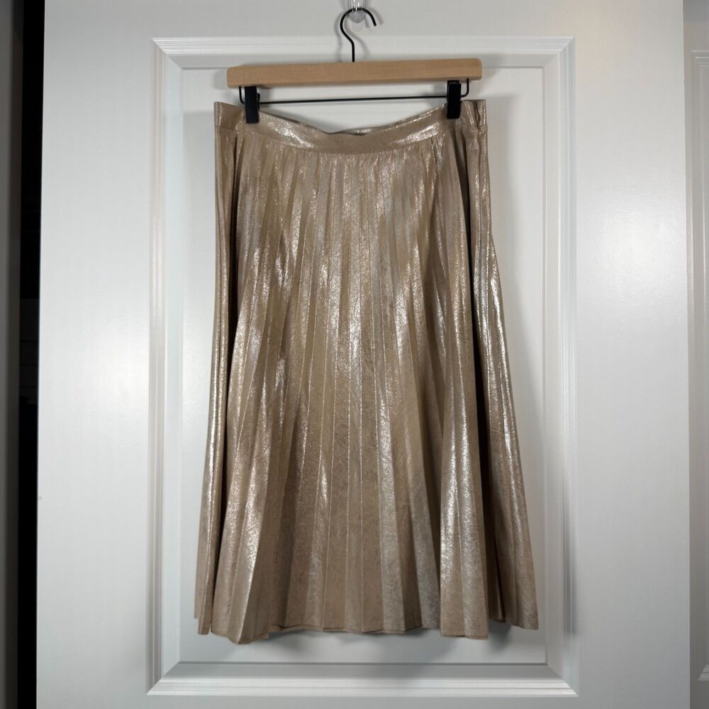 Maeve Anthropologie Ambra Pleated Metallic Midi Skirt Size L Champagne Shimmer